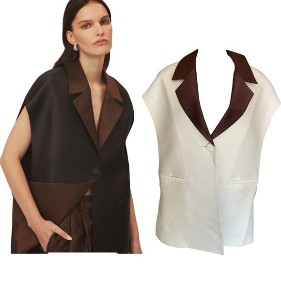 NWT Amir Taghi Silk Wool Bow Tie Blazer Vest Size 2 White Brown - Picture 1 of 14